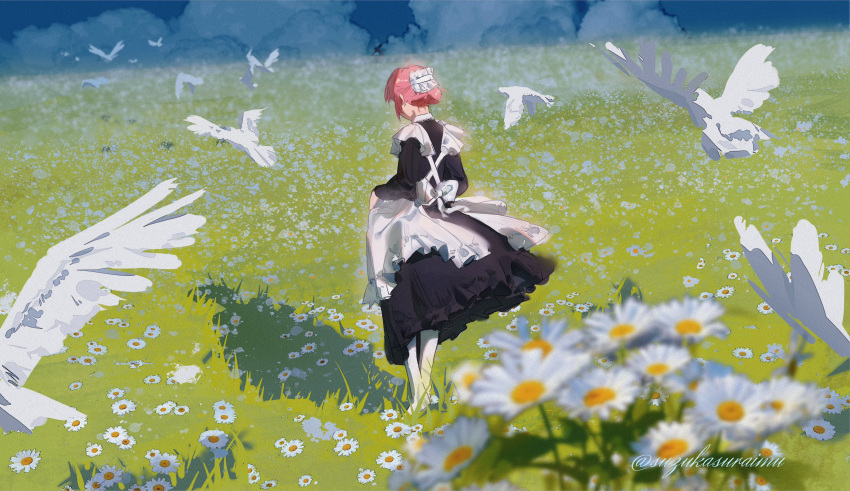 1girl absurdres alternate_costume alternate_hairstyle apron bird black_dress blue_sky blurry blurry_background blurry_foreground clouds cloudy_sky commentary_request daisy day dress enmaided facing_away field flock flower flower_field frilled_apron frills from_behind full_body grass hair_bun highres kaf_(kamitsubaki_studio) kamitsubaki_studio long_sleeves maid maid_apron outdoors pantyhose pink_hair shadow short_hair single_hair_bun skirt_hold sky solo standing suzukasuraimu twitter_username virtual_youtuber white_flower white_pantyhose