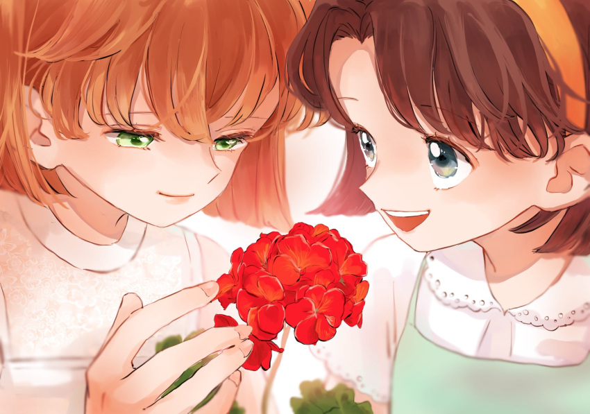 2girls brown_hair child close-up commentary_request flower green_eyes haibara_ai hairband highres looking_at_another looking_at_object meitantei_conan multiple_girls red_flower short_hair simple_background smile tkdn_12 yoshida_ayumi