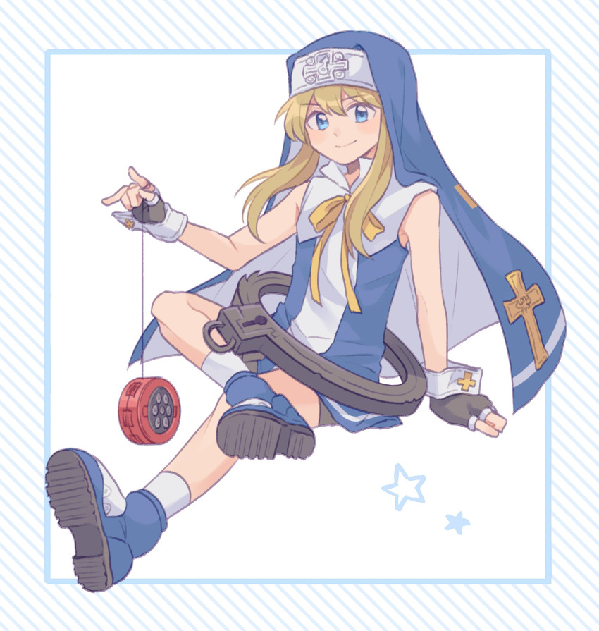 blonde_hair blue_background blue_dress blue_eyes blue_footwear border bridget_(guilty_gear) commentary crossed_legs cuffs dress guilty_gear habit handcuffs highres inset_border looking_at_viewer oversized_object short_hair_with_long_locks sidelocks simple_background smile socks star_(symbol) sushitarou symbol-only_commentary white_background white_socks yo-yo