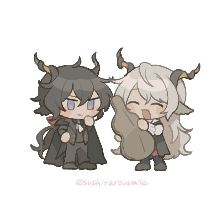 2boys animal_ears arknights black_cape black_hair black_jacket black_pants black_shirt blush_stickers cape chibi closed_eyes commentary ebenholz_(arknights) full_body goat_boy goat_ears goat_horns highres horns instrument_case jacket kreide_(arknights) long_hair looking_at_another multiple_boys open_mouth pants shirt simple_background smile sushitarou symbol-only_commentary twitter_username violet_eyes white_background white_hair white_shirt