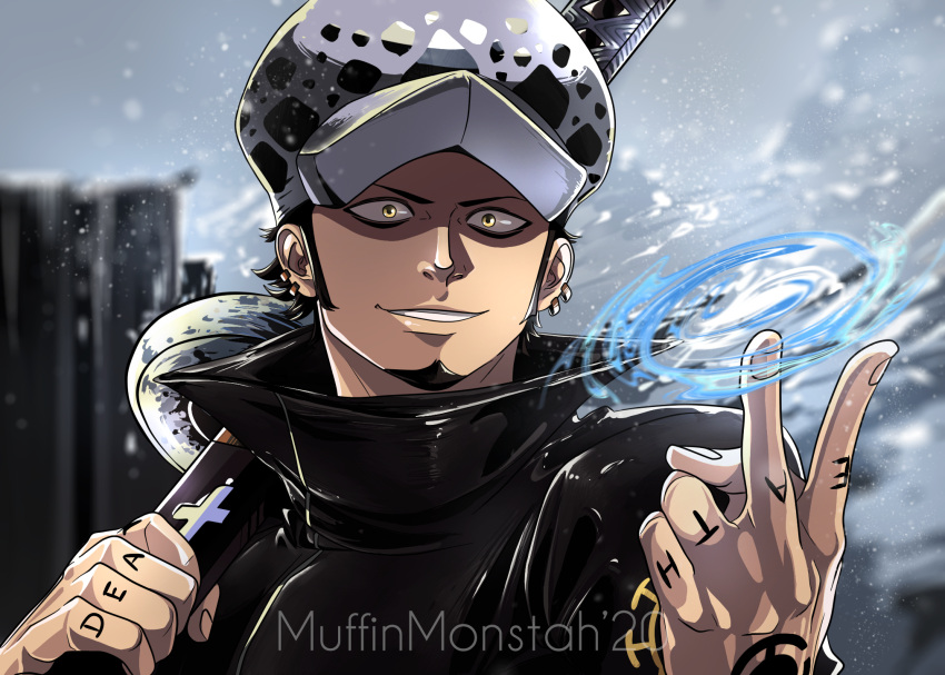 1boy artist_name black_hair commentary earrings english_commentary facial_hair finger_tattoo fur_hat goatee hand_tattoo hat highres holding holding_sword holding_weapon jewelry male_focus muffinmonstah one_piece outdoors short_hair sideburns smile solo sword tattoo teeth trafalgar_law weapon yellow_eyes