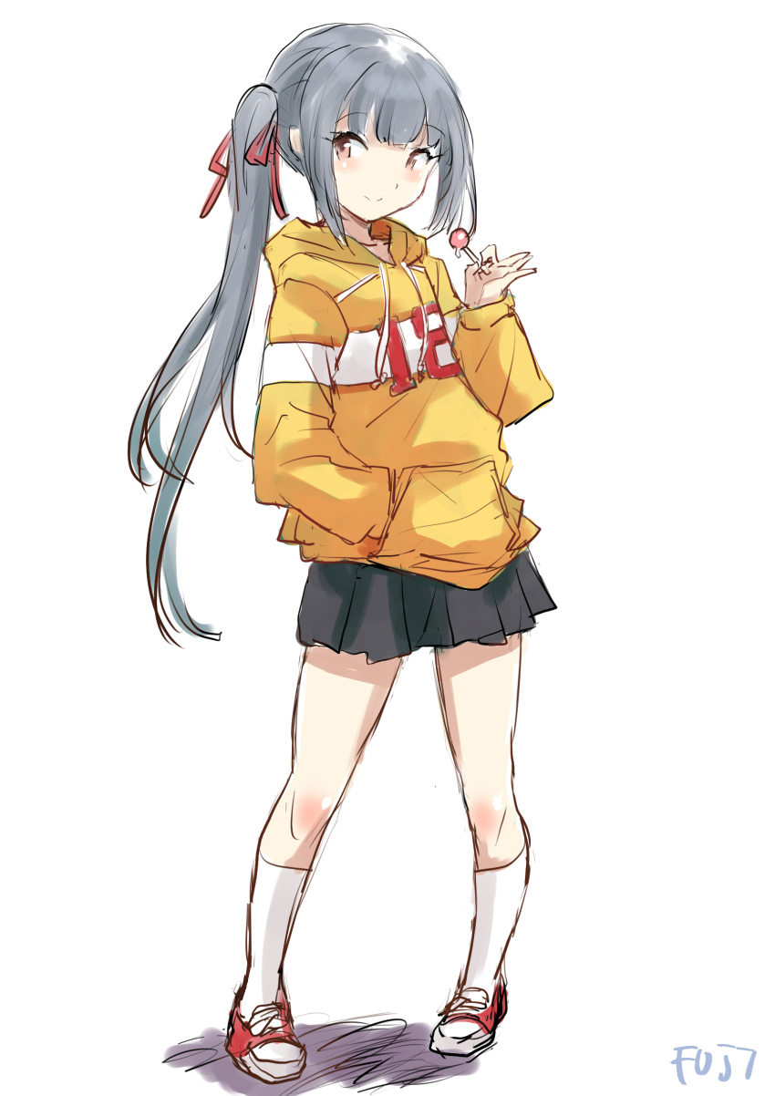 1girl alternate_costume black_skirt candy clothes_writing commentary_request food fuji_(pixiv24804665) full_body grey_hair hair_ribbon hand_in_pocket highres hood hooded_sweater kantai_collection kasumi_(kancolle) lollipop long_hair looking_at_viewer pleated_skirt red_footwear red_ribbon ribbon shoes side_ponytail simple_background skirt smile sneakers socks solo sweater white_background white_socks yellow_eyes yellow_sweater
