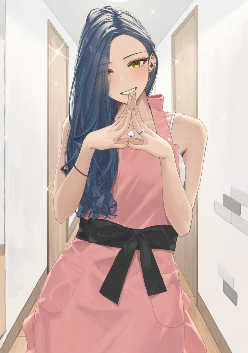 1girl absurdres apron asymmetrical_bangs asymmetrical_hair blue_hair blush bracelet collarbone commentary eyes_visible_through_hair forehead hair_over_shoulder hara_kenshi highres indoors jewelry kimishima_touka long_hair looking_at_viewer original own_hands_together pink_apron ring smile solo sparkle very_long_hair wooden_floor yellow_eyes