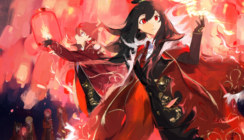 3boys 3girls arms_up black_gloves brown_hair cecil_(project_moon) chun_(project_moon) closed_mouth coat coat_on_shoulders dragon_print gloves gold_trim hair_bun hand_up highres lantern library_of_ruina long_hair long_sleeves lowell_(project_moon) mei_(library_of_ruina) miris_(project_moon) multiple_boys multiple_girls project_moon red_coat sidelocks smile spirallllll tassel very_long_hair xiao_(project_moon)