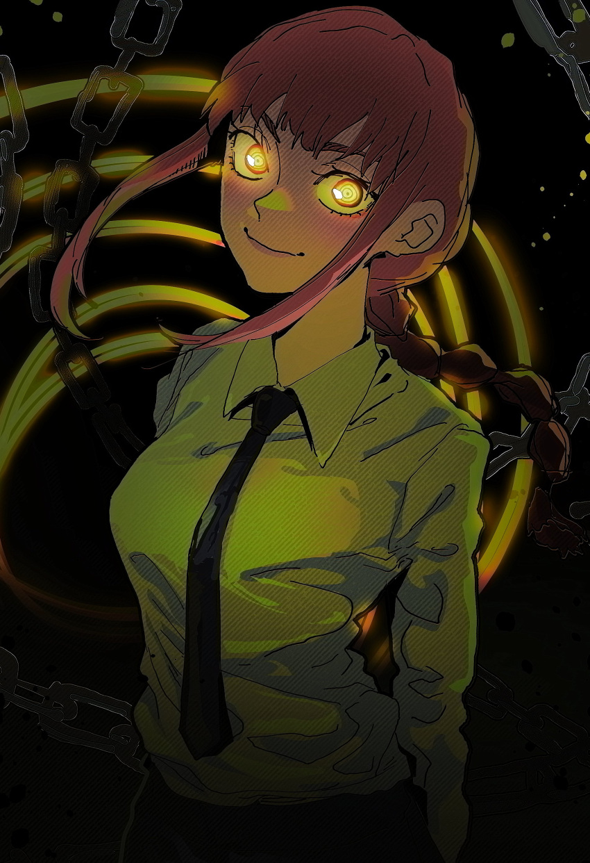 1girl absurdres arms_behind_back black_necktie black_pants blunt_bangs braid braided_ponytail breasts chain chainsaw_man closed_mouth collared_shirt cowboy_shot dark floating_hair formal glowing glowing_eyes head_tilt high-waist_pants highres isaacchief300 lips long_sleeves looking_at_viewer makima_(chainsaw_man) medium_breasts necktie paint_splatter pants pink_hair ringed_eyes shirt shirt_tucked_in sidelocks solo spiral standing unmoving_pattern white_shirt yellow_eyes