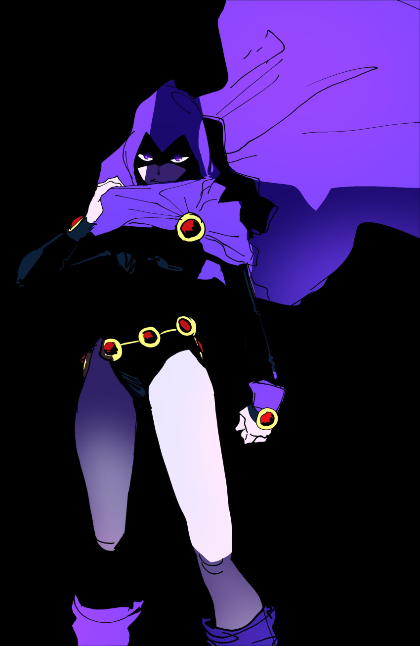 1girl :/ absurdres adjusting_clothes belt black_background black_leotard blending boots clenched_hand cloak closed_mouth colored_skin dc_comics feet_out_of_frame floating_cape gem glowing glowing_eyes grey_skin hand_up highres hood hood_up isaacchief300 knees leotard long_sleeves looking_at_viewer purple_cloak purple_cuffs purple_footwear raven_(dc) red_gemstone shaded_face sleeve_cuffs solo standing straight-on superhero teen_titans thighs violet_eyes