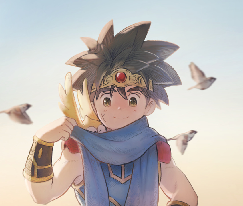 1boy adjusting_scarf arm_guards armor b-saku bird black_hair blue_scarf child closed_mouth covered_mouth cross_scar dai_(dragon_quest) dragon_quest dragon_quest_dai_no_daibouken forehead_protector gem gome hand_up happy looking_at_animal male_focus motion_blur pauldrons red_gemstone scar scar_on_cheek scar_on_face scarf shared_clothes shared_scarf short_hair shoulder_armor sky slime_(creature) smile spiky_hair toned toned_male upper_body
