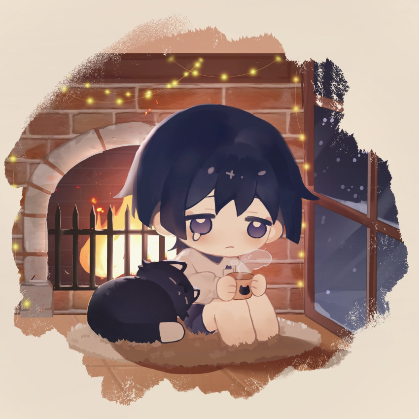 1boy alternate_costume animal barefoot beichuanjing black_hair blush cat chibi christmas_lights closed_mouth cup fireplace genshin_impact highres holding holding_cup indoors male_focus night rug scaramouche_(cat)_(genshin_impact) scaramouche_(genshin_impact) sitting snow snowing steam tears violet_eyes window