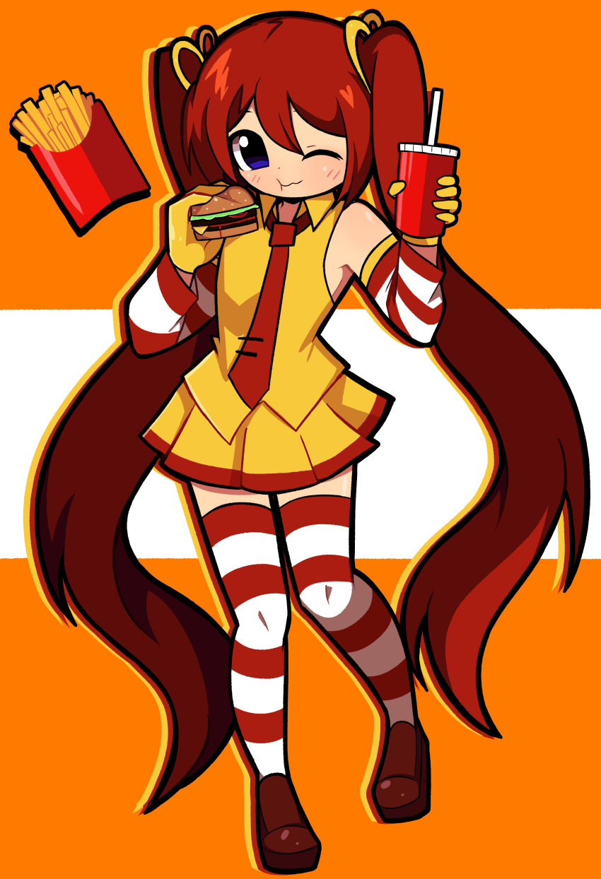 1girl absurdres arm_warmers blue_eyes burger cosplay cup disposable_cup food french_fries gloves hair_between_eyes hair_ribbon hatsune_miku highres holding holding_cup holding_food long_hair mcdonald's necktie one_eye_closed orange_background orazamige outline red_arm_warmers red_footwear red_necktie red_outline red_thighhighs red_trim redhead ribbon ronald_mcdonald ronald_mcdonald_(cosplay) shirt simple_background skirt solo striped_clothes striped_thighhighs thigh-highs twintails vocaloid white_arm_warmers white_background white_thighhighs yellow_gloves yellow_outline yellow_shirt yellow_skirt