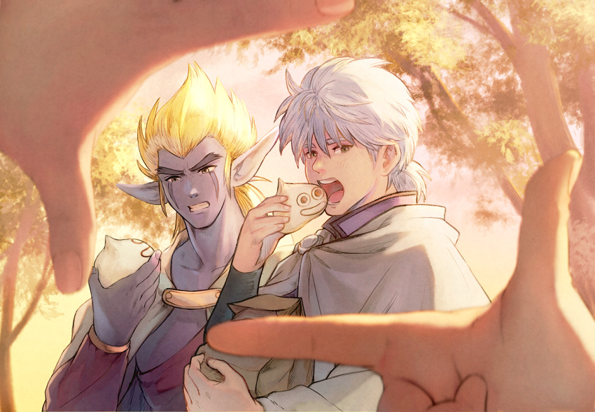 2boys arm_guards b-saku bag baozi blonde_hair blue_skin blurry clenched_teeth colored_skin day depth_of_field dragon_quest dragon_quest_dai_no_daibouken eating facial_mark finger_frame food furrowed_brow grey_cloak grey_hair holding holding_food hyunkel jacket larhart long_sleeves looking_at_viewer male_focus multiple_boys open_mouth out_of_frame paper_bag ponytail pov pov_hands purple_jacket short_hair side-by-side slime_(dragon_quest) spiky_hair teeth white_hair