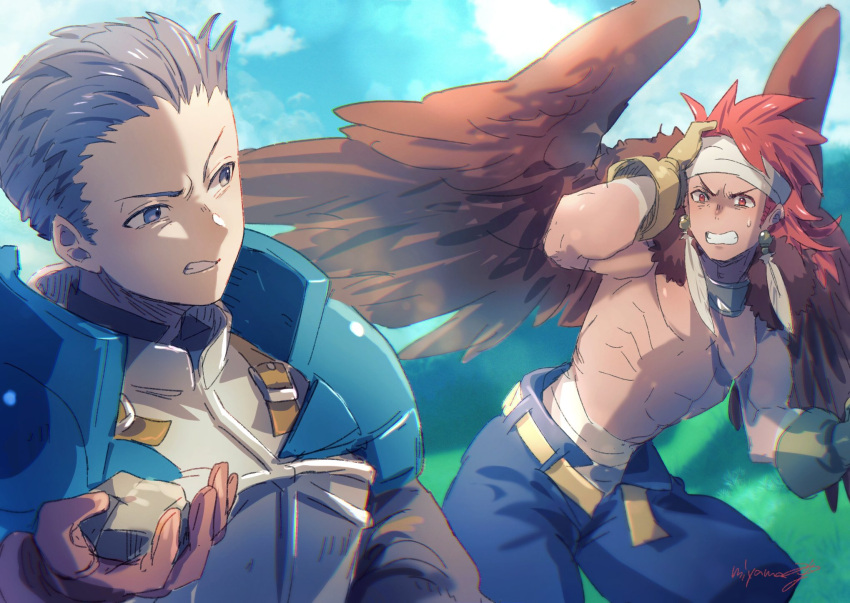 2boys angry armor belt brown_gloves brown_hair canopus_wolph clouds earrings feathered_wings gloves headband highres jewelry long_sleeves male_focus miyama_(lacrima01) multiple_boys pants redhead rock signature standing tactics_ogre vice_bozeg wings
