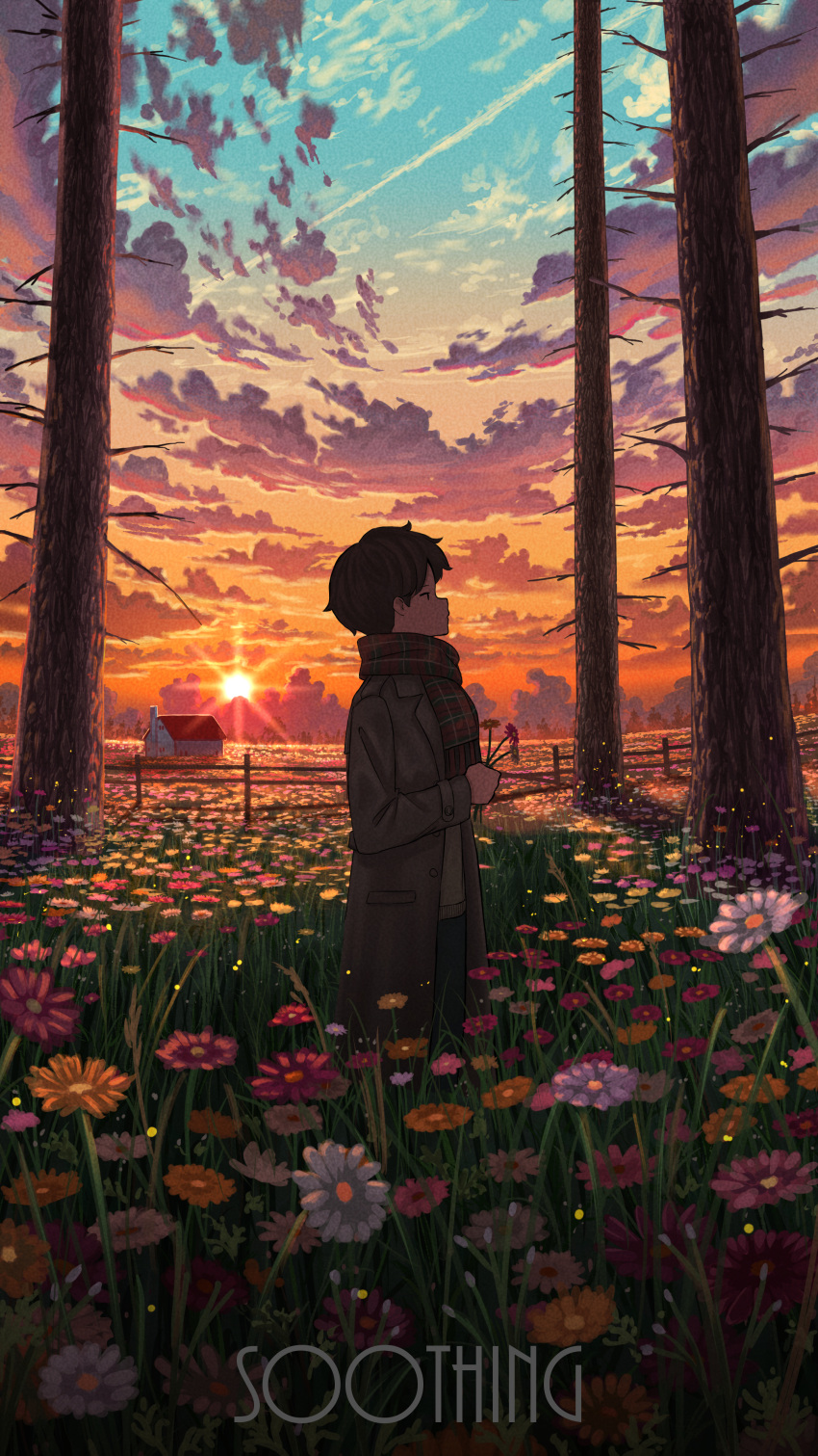 1boy absurdres brown_coat brown_hair brown_sweater clouds coat fence field flower flower_field highres holding holding_flower house male_focus original outdoors pasoputi plaid plaid_scarf red_scarf scarf scenery short_hair solo sun sunset sweater tree wooden_fence