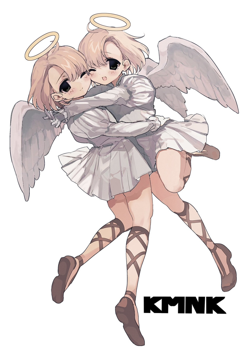 2girls angel angel_wings black_eyes blonde_hair blush cheek-to-cheek dress feathered_wings full_body gladiator_sandals grey_dress grey_wings halo heads_together highres hug juliet_sleeves kmnk_(kumanuko) long_sleeves looking_at_viewer multiple_girls open_mouth original puffy_sleeves sandals short_dress short_hair sketch smile wings