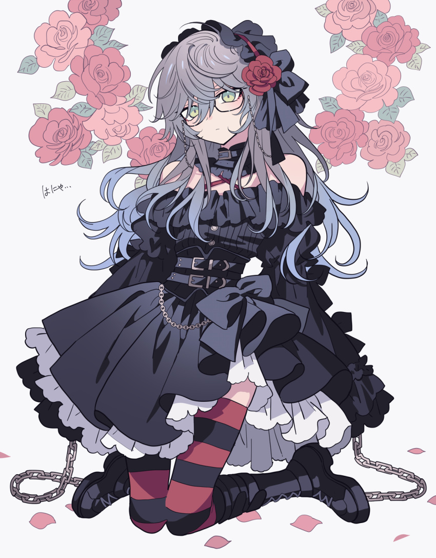 1girl belt black_belt black_dress black_footwear boots chain closed_mouth detached_collar dress flower frilled_dress frills full_body genderswap genderswap_(mtf) glasses gothic_lolita green_eyes grey_hair hair_between_eyes hair_flower hair_ornament hairband highres ike_eveland knee_boots kneeling lolita_fashion lolita_hairband long_hair long_sleeves looking_at_viewer meremero nijisanji nijisanji_en off-shoulder_dress off_shoulder petals red_flower red_rose rose solo striped_clothes striped_thighhighs thigh-highs very_long_hair virtual_youtuber