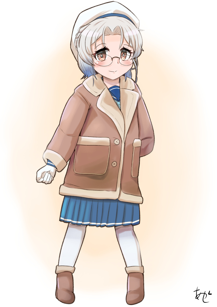 1girl adapted_costume akashieru artist_logo blue_neckerchief blue_sailor_collar blue_skirt brown_eyes brown_jacket commentary_request full_body glasses gloves gradient_hair grey_hair hat highres hirato_(kancolle) jacket kantai_collection multicolored_hair neckerchief one-hour_drawing_challenge pantyhose pleated_skirt sailor_collar sailor_hat school_uniform serafuku skirt solo standing wavy_hair white_gloves white_headwear white_pantyhose