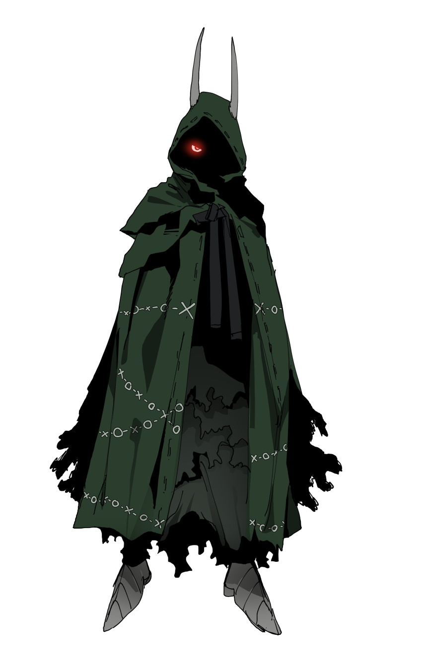 1other absurdres circle cloak faceless full_body glowing glowing_eye green_cloak highres hood hood_up hooded_cloak horns horns_through_headwear isaacchief300 long_horns original red_eyes sabaton shaded_face simple_background solo standing torn_clothes white_background x