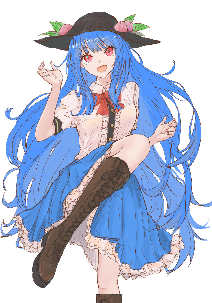 1girl absurdres black_headwear blue_hair blue_skirt boots brown_footwear center_frills collared_shirt cross-laced_footwear foot_out_of_frame frilled_skirt frills fruit_hat_ornament hat hat_ornament highres hinanawi_tenshi kashiwada_kiiho lace-up_boots long_hair looking_at_viewer open_mouth peach_hat_ornament red_eyes shirt short_sleeves simple_background skirt smile solo touhou white_background white_shirt