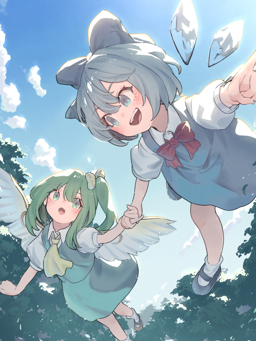 2girls :o absurdres ascot black_footwear blue_bow blue_dress blue_eyes blue_hair blue_sky blush bow bowtie brown_footwear cirno clouds commentary_request daiyousei dress fairy_wings flying full_body garasuno green_dress green_eyes green_hair hair_bow happy highres holding_hands ice ice_wings mary_janes multiple_girls open_mouth outdoors pinafore_dress puffy_short_sleeves puffy_sleeves red_bow red_bowtie shirt shoes short_sleeves side_ponytail sky sleeveless sleeveless_dress socks teeth touhou tree upper_teeth_only white_footwear white_shirt white_socks wings yellow_ascot