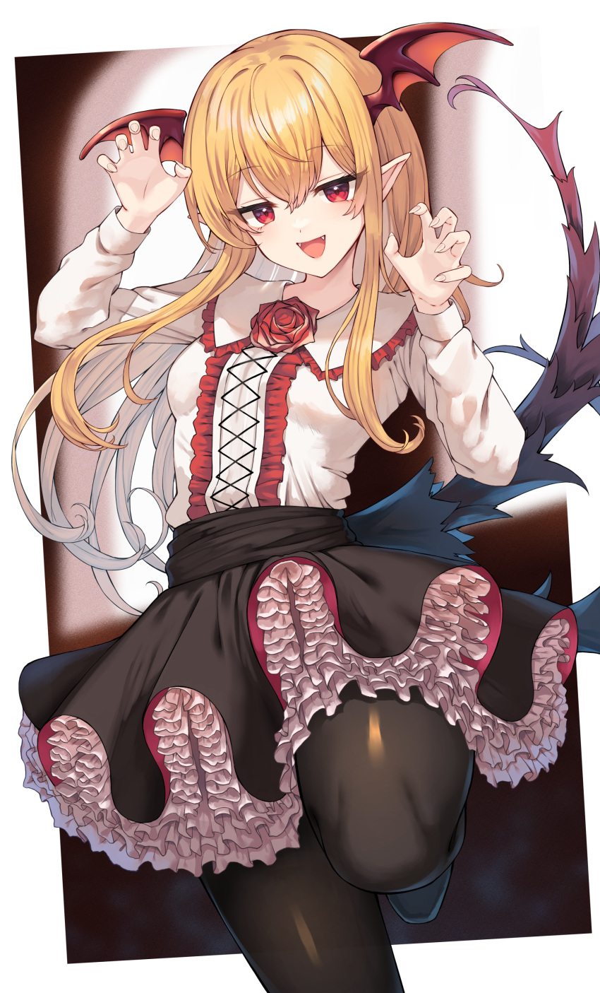 1girl absurdres black_pantyhose black_skirt blonde_hair border brown_background center_frills claw_pose collar colored_inner_hair commentary_request demon_wings fangs feet_out_of_frame flower frilled_collar frilled_skirt frills grey_hair head_wings highres layered_skirt leg_up long_hair long_sleeves looking_at_viewer multicolored_hair open_mouth pantyhose pointy_ears red_eyes red_flower red_rose rose shingeki_no_bahamut shirt skirt smile solo torn_clothes vampy white_shirt wings yamato_(muchuu_paradigm)