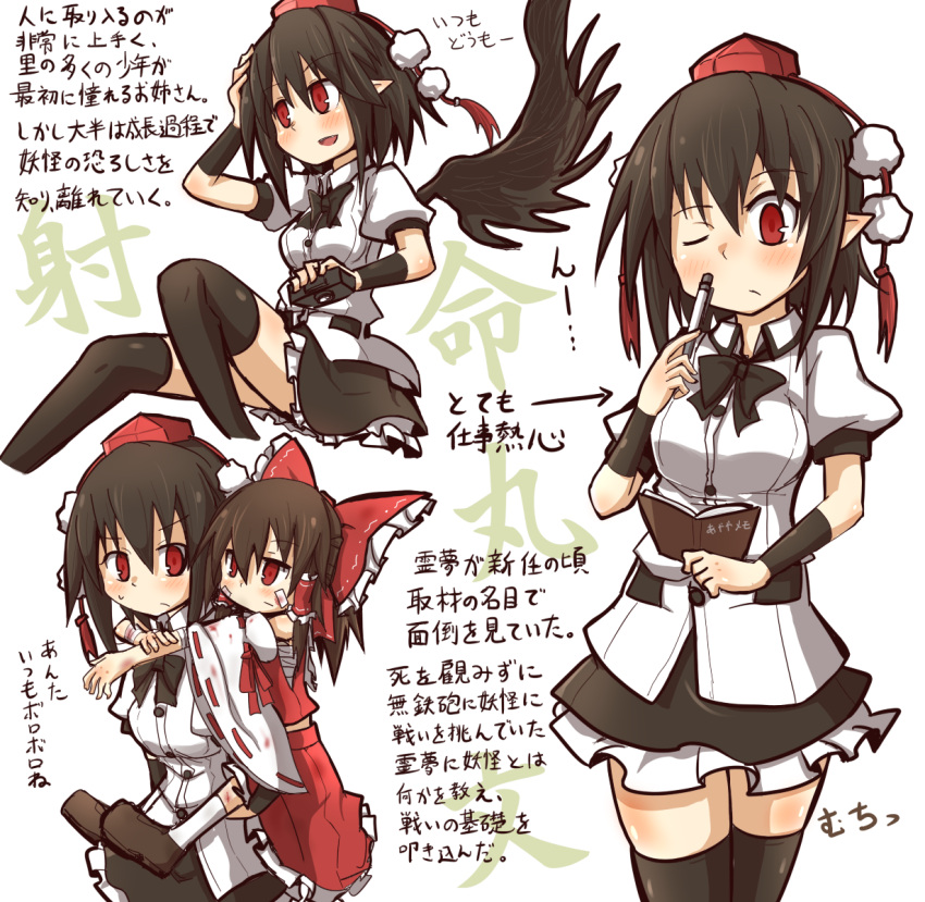 2girls aged_down asyura_kumo bandaid bandaid_on_face bird_wings black_bow black_bowtie black_hair black_skirt black_thighhighs black_wings blood blood_on_clothes blush bow bowtie brown_hair camera carrying chest_sarashi child closed_mouth collared_shirt commentary_request cuts detached_sleeves frilled_bow frilled_hair_tubes frills hair_bow hair_tubes hakurei_reimu hand_on_own_head hat highres holding holding_camera holding_notepad holding_pen injury medium_hair multiple_girls notepad one_eye_closed open_mouth pen piggyback pointy_ears pom_pom_(clothes) puffy_short_sleeves puffy_sleeves red_bow red_eyes red_headwear red_skirt ribbon-trimmed_sleeves ribbon_trim sarashi shameimaru_aya shirt short_sleeves skirt skirt_set smile thigh-highs tokin_hat touhou translation_request white_shirt wings