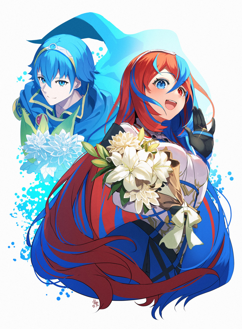 1boy 1girl alear_(female)_(fire_emblem) alear_(fire_emblem) blue_cape blue_hair bouquet cape circlet crossed_bangs fire_emblem fire_emblem_engage flower heterochromia highres holding holding_bouquet jewelry long_hair marth_(fire_emblem) multicolored_hair nakabayashi_zun open_hand open_mouth red_eyes redhead ring split-color_hair teeth upper_body upper_teeth_only very_long_hair white_background