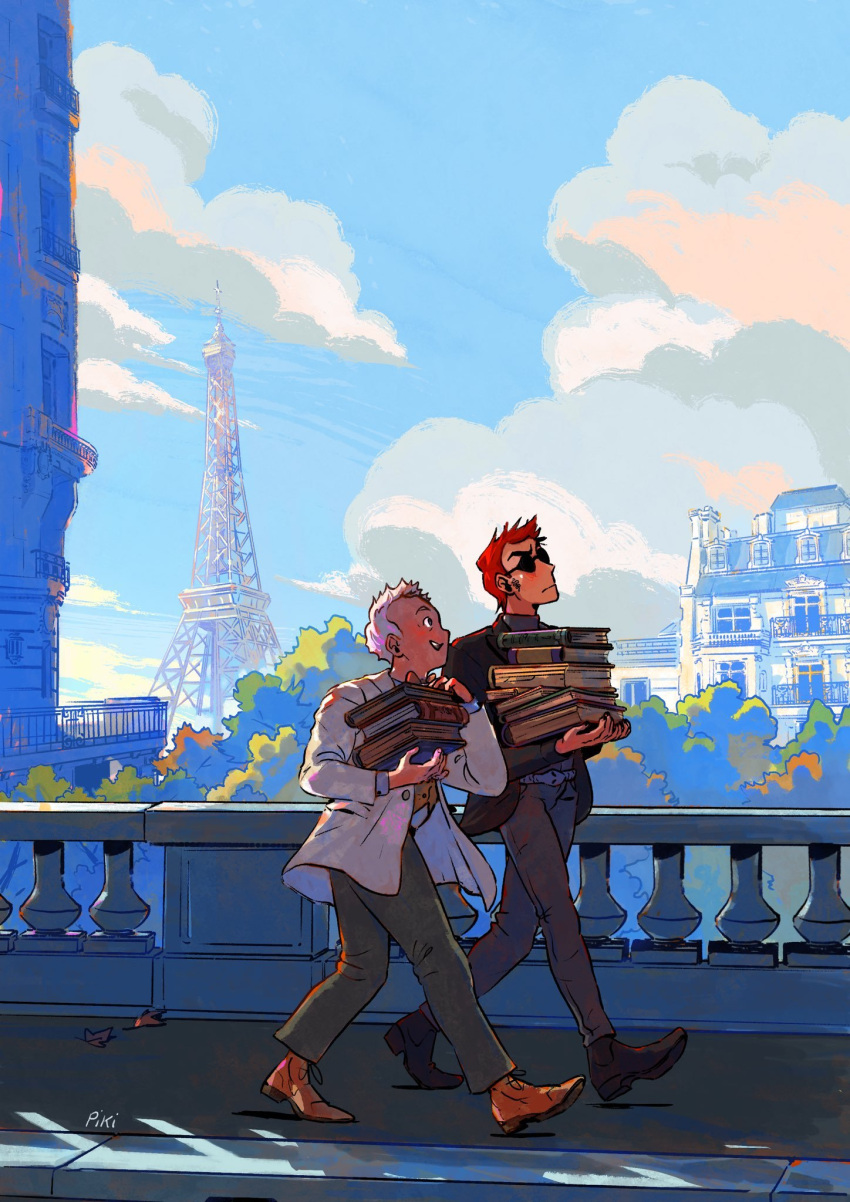 2boys aziraphale_(good_omens) black_jacket blue_sky book bow bowtie brown_pants building closed_mouth clouds cloudy_sky coat crowley_(good_omens) day eiffel_tower full_body good_omens highres holding holding_book jacket looking_at_another male_focus multiple_boys open_mouth outdoors pants paris pikipouet procreate_(medium) redhead short_hair sky sunglasses sweatdrop walking white_coat white_hair yellow_bow yellow_bowtie