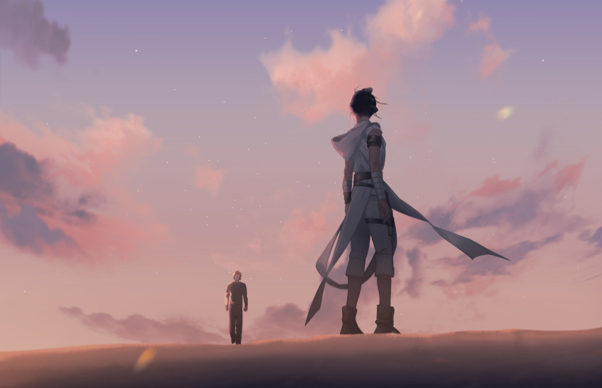 0109_(artist) 1boy 1girl arms_at_sides bandaged_arm bandages black_hair clouds cloudy_sky facing_away highres hooded_robe looking_at_another rey_(star_wars) robe sand sky standing star_wars star_wars:_the_rise_of_skywalker walking white_robe wind