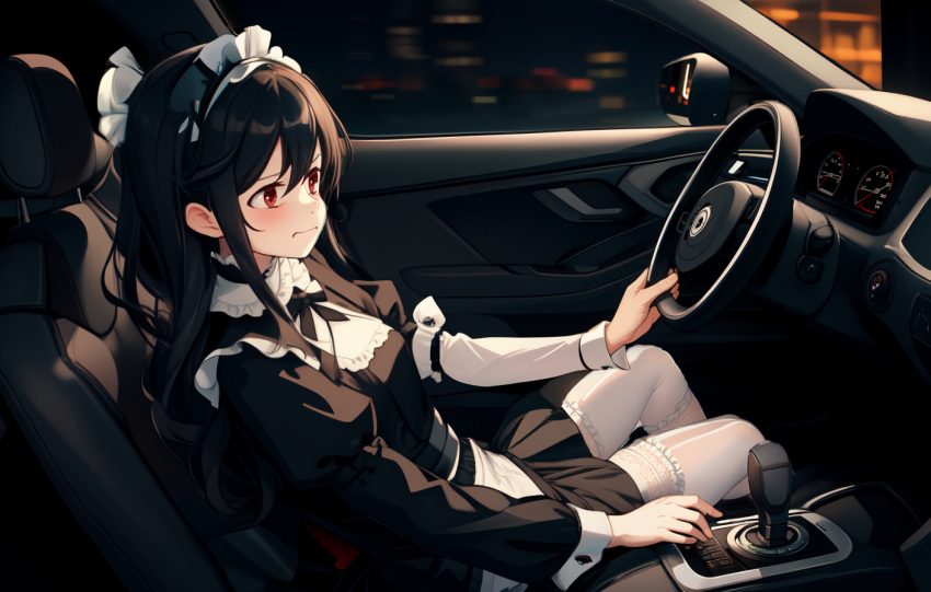 1girl anime atmosphere black_hair car cute dreaming driver essen maid night night_sky red_eyes serious tagme