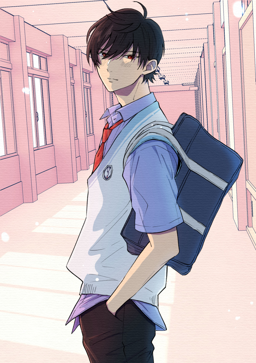 1boy absurdres bag black_hair black_pants blue_shirt blush ceiling closed_mouth collared_shirt from_side habataki_academy_school_uniform hair_over_eyes hand_in_pocket highres indoors kazama_ryouta looking_at_viewer looking_to_the_side male_focus minato_(pixiv31986490) necktie pants red_necktie school school_bag school_uniform shirt short_hair short_sleeves solo sweater_vest tokimeki_memorial tokimeki_memorial_girl's_side_4th_heart untucked_shirt