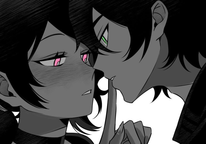 1boy 1girl andrew_graves ashley_graves black_collar black_hair black_sweater blush collar finger_to_mouth green_eyes incest looking_at_another pink_eyes renico siblings sweater the_coffin_of_andy_and_leyley white_background