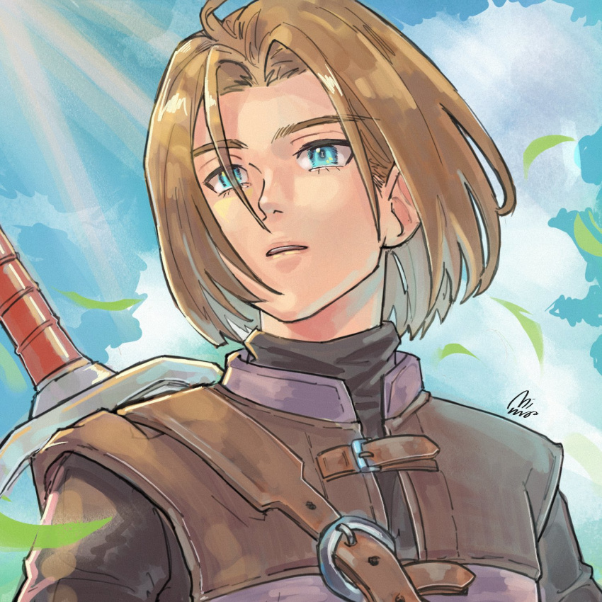 1boy blue_eyes brown_hair clouds commentary_request day dragon_quest dragon_quest_xi hero_(dq11) highres looking_afar male_focus outdoors parted_lips sabakan_(sabasabakan0) short_hair sky solo sword sword_on_back weapon weapon_on_back
