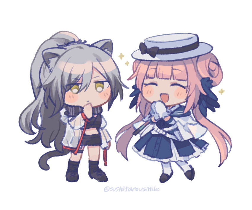 2girls arknights black_footwear black_scarf black_shorts blue_dress blue_feathers blush capelet ceylon_(arknights) chibi closed_eyes closed_mouth commentary crop_top double_bun dress feather_hair feathers gloves grey_hair hair_bun hand_on_own_chin hat highres jacket long_hair multiple_girls open_mouth own_hands_together pantyhose ponytail scarf schwarz_(arknights) see-through see-through_jacket shorts simple_background sparkle sushitarou thinking twitter_username very_long_hair white_background white_capelet white_gloves white_headwear white_jacket white_pantyhose yellow_eyes