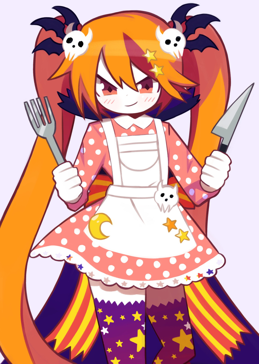 1girl absurdres apron back_bow bat_hair_ornament black_cape bow brown_hair cape carnival_rhythm colored_skin crescent dress fork funamusea hair_between_eyes hair_ornament highres holding holding_fork holding_knife knife lavinrac_(carnival_rhythm) long_hair multicolored_hair orange_eyes orange_hair pink_dress polka_dot polka_dot_dress purple_thighhighs red_bow skull skull_hair_ornament solo star_(symbol) streaked_hair striped_bow thigh-highs twintails two-tone_hair white_apron white_background white_skin yellow_bow