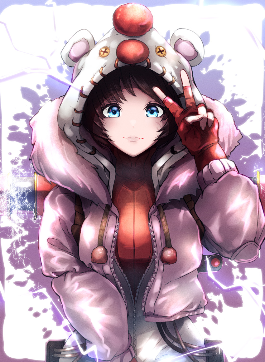 1girl absurdres animification apex_legends black_hair blue_eyes bodysuit cable cosplay electricity final_fantasy final_fantasy_vii final_fantasy_vii_rebirth final_fantasy_vii_remake fur-trimmed_jacket fur_trim gloves highres hirome99 hood hood_down hood_up hooded_jacket jacket kupo_power_wattson looking_at_viewer moogle moogle_(cosplay) official_alternate_costume pink_jacket red_gloves red_sweater scar scar_on_cheek scar_on_face short_hair solo straight-on sweater v wattson_(apex_legends) white_bodysuit