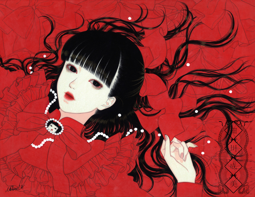 1girl aegyo_sal asian beads black_eyes black_hair blunt_bangs bow closed_mouth dress expressionless eyelashes fingernails frilled_dress frills hair_bow highres long_hair long_sleeves looking_at_viewer lying makeup narumi_hosokawa on_back original red_bow red_lips red_theme ribbon signature simple_background solo traditional_media upper_body