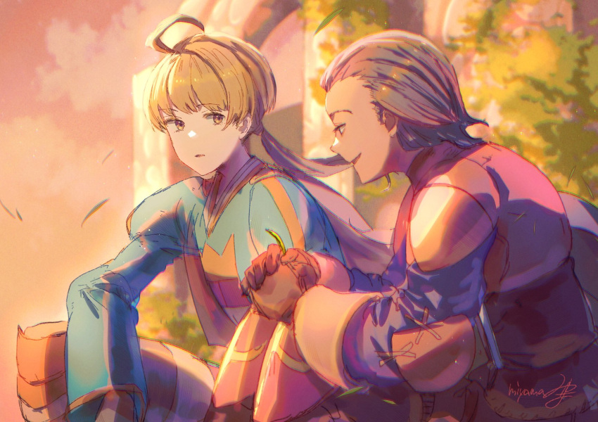 2boys ahoge armor blonde_hair brown_hair cape closed_mouth clouds delita_heiral final_fantasy final_fantasy_tactics gloves highres leaf male_focus miyama_(lacrima01) multiple_boys open_mouth ponytail ramza_beoulve signature smile