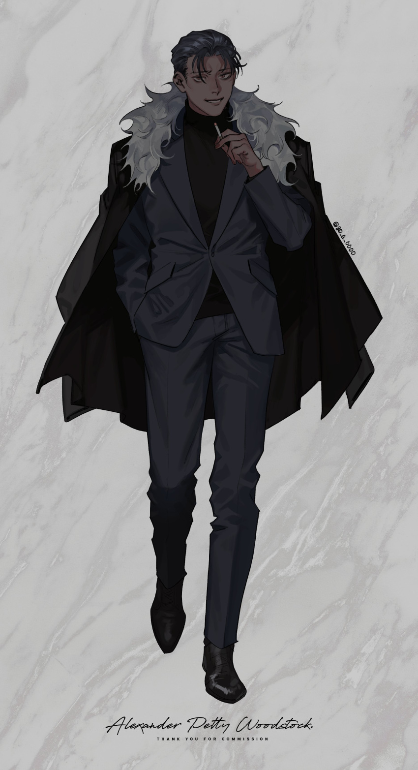 1boy absurdres artist_name between_fingers black_coat black_footwear black_hair black_shirt blue_jacket blue_pants brown_eyes brown_nails buttons character_name cigarette closed_mouth coat coat_on_shoulders commission dark-skinned_male dark_skin dress_shoes fingernails full_body fur_collar go_e_0000 hair_over_one_eye hair_slicked_back hand_in_pocket hand_up highres holding holding_cigarette jacket layered_sleeves light_smile long_sleeves looking_at_viewer male_focus marble_background mature_male nail_polish nose nostrils original pants parted_bangs parted_lips pocket shirt skeb_commission solo suit teeth thank_you turtleneck undershirt walking