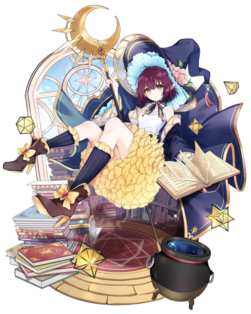 1girl absurdres blue_cape book book_stack bookshelf boots breasts cape carpet cauldron closed_mouth crescent crescent_wand diamond_(shape) expressionless fenghu_(huli) frilled_skirt frilled_socks frills grimoire hat high_heel_boots high_heels highres holding holding_book holding_wand kneehighs looking_at_viewer open_book original polyhedron pyramid_(geometry) redhead shirt short_hair sigil simple_background single_bare_shoulder skirt small_breasts socks solo sparkle wand white_background white_shirt window witch witch_hat yellow_eyes yellow_skirt