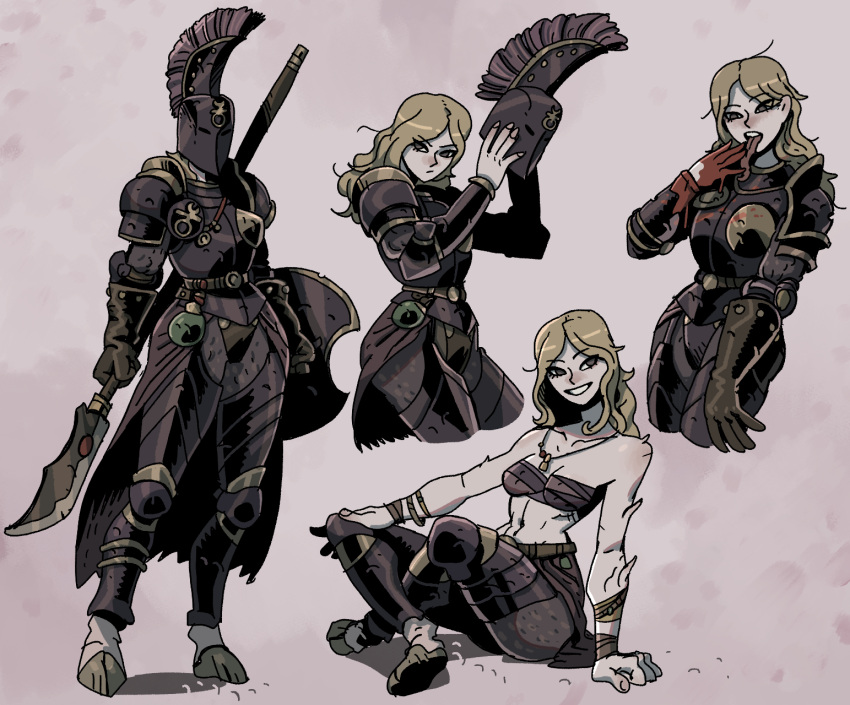 1girl armor black_armor blonde_hair blood breastplate character_request copyright_request full_armor gauntlets helmet highres ho-uja lance navel polearm smile solo weapon