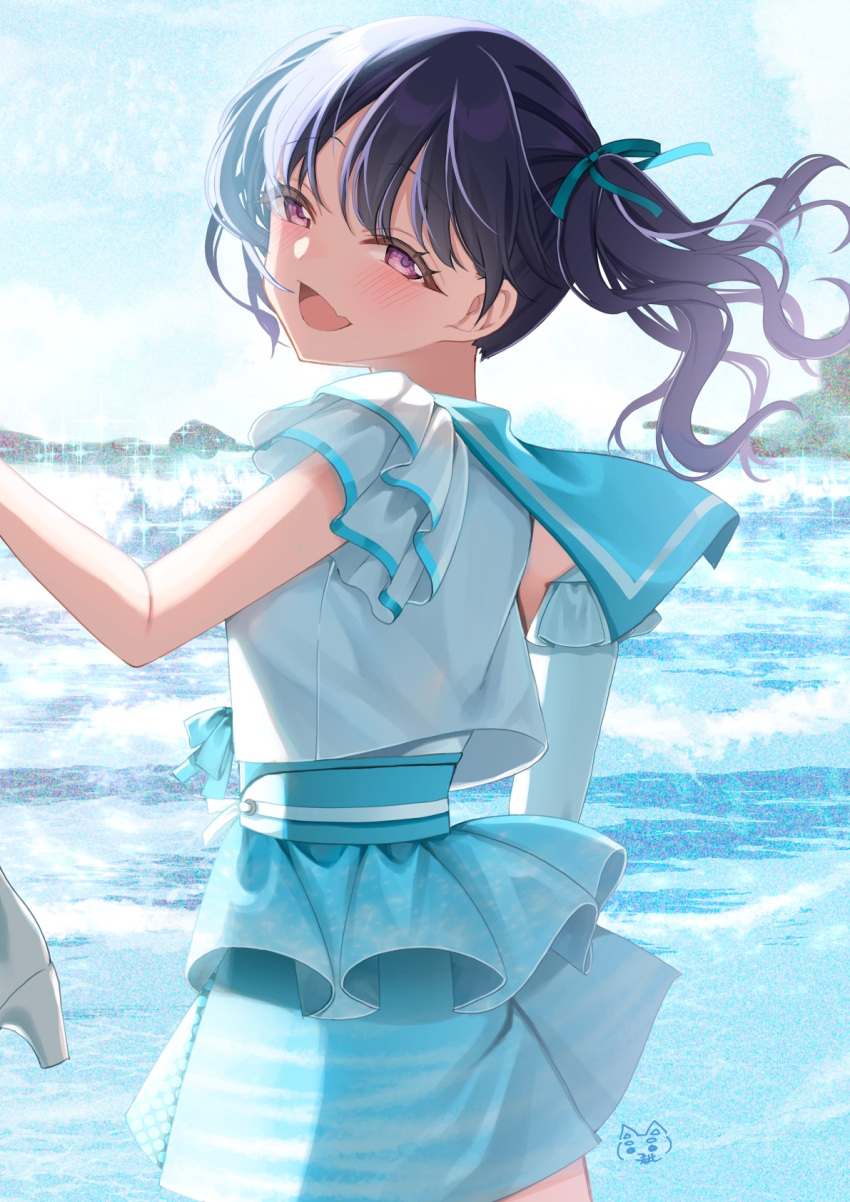 1girl beach black_hair blue_sailor_collar blue_skirt blush commentary_request commission day fang floating_hair fukumaru_koito hair_ribbon hamcheeseand highres idolmaster idolmaster_shiny_colors looking_at_viewer looking_back miniskirt ocean open_mouth outdoors ribbon sailor_collar skeb_commission skin_fang skirt solo swept_bangs twintails violet_eyes wind