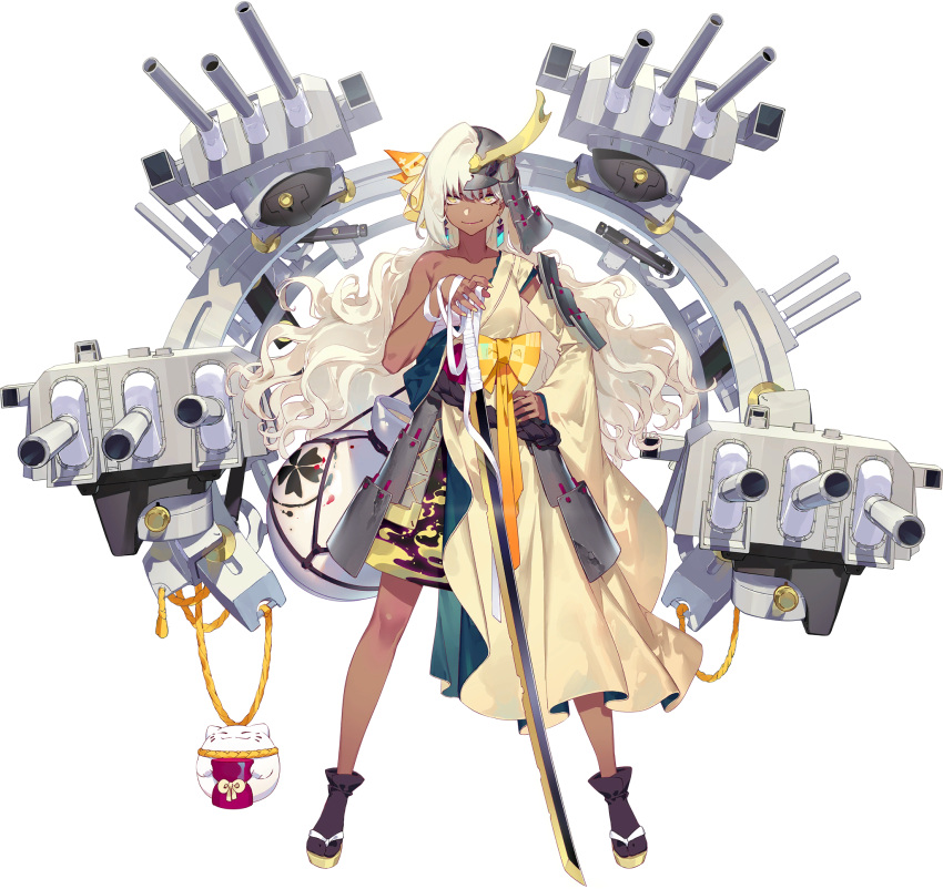 1girl artist_request bandages black_surge_night cannon dark-skinned_female dark_skin earrings hair_ribbon helmet highres holding holding_sword holding_weapon japanese_clothes jewelry katana machinery medium_hair musashi_(black_surge_night) official_art ribbon rigging solo sword third-party_source transparent_background turret weapon white_hair yellow_eyes