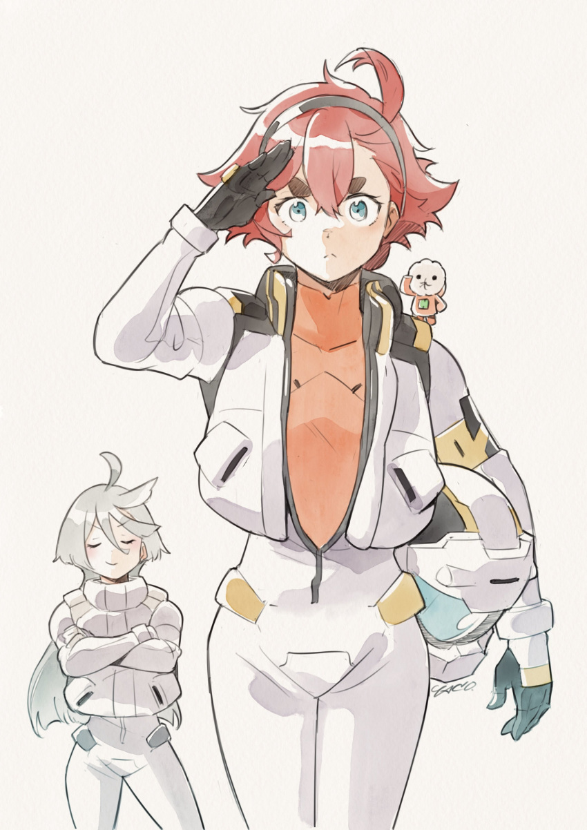 absurdres ahoge closed_eyes gundam gundam_suisei_no_majo hairband helmet highres hots_(gundam_suisei_no_majo) long_hair looking_at_viewer low_ponytail miorine_rembran normal_suit redhead shoulder_boards smile suletta_mercury thick_eyebrows toy yaco_(085)