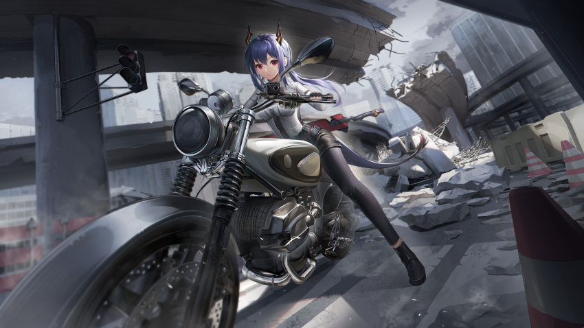 1girl absurdres arknights black_footwear black_gloves black_shorts blue_hair blue_leggings bridge building ch'en_(arknights) closed_mouth clouds fingerless_gloves gloves highres horns leggings long_hair looking_at_viewer motor_vehicle motorcycle on_motorcycle outdoors red_eyes revision shirt shoes shorts sitting solo traffic_cone traffic_light wa_(user_snch2757) white_shirt