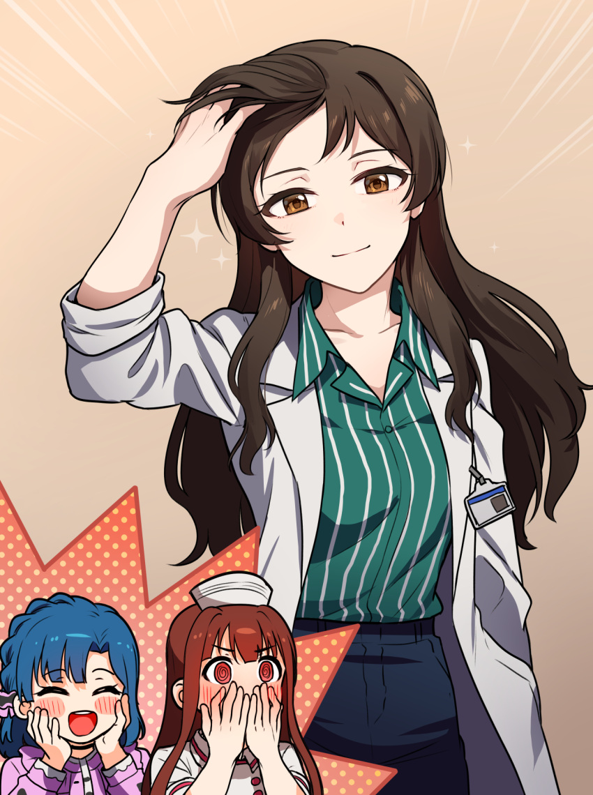 3girls @_@ arm_up blue_hair blush braid breasts brown_eyes brown_hair closed_mouth collarbone collared_shirt commentary_request covering_own_mouth crown_braid hand_in_own_hair hands_on_own_cheeks hands_on_own_face highres holding holding_hair id_card idolmaster idolmaster_million_live! idolmaster_million_live!_theater_days kamille_(vcx68) kitazawa_shiho long_hair long_sleeves looking_at_viewer multiple_girls nanao_yuriko open_mouth red_eyes shirt short_hair simple_background smile solo_focus sparkle standing straight_hair striped_clothes striped_shirt tanaka_kotoha teeth