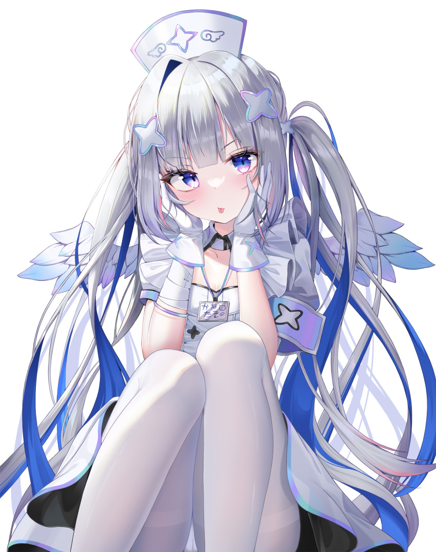 1girl amane_kanata amane_kanata_(nurse) angel angel_wings blue_hair blush chanpower233 collar detached_collar gloves grey_hair hair_intakes hat highres hololive id_card long_hair looking_at_viewer nurse_cap official_alternate_costume pantyhose smile solo tongue tongue_out two_side_up very_long_hair violet_eyes virtual_youtuber white_background white_collar white_gloves white_headwear white_pantyhose wings