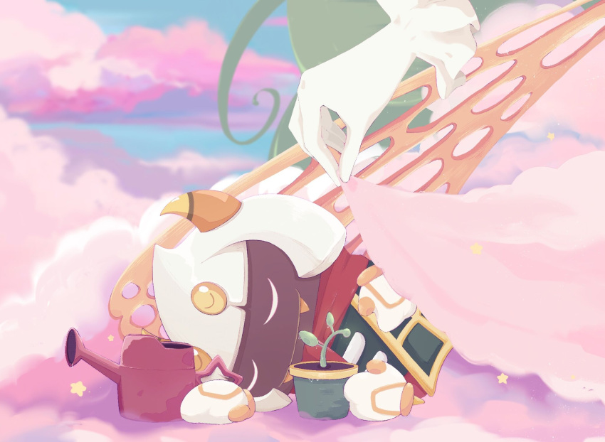 1boy 1girl 93mai cape closed_eyes disembodied_limb fangs gloves highres horns insect_wings kirby:_triple_deluxe kirby_(series) plant potted_plant queen_sectonia scarf sleeping star_(symbol) taranza under_covers watering_can white_gloves white_hair wings