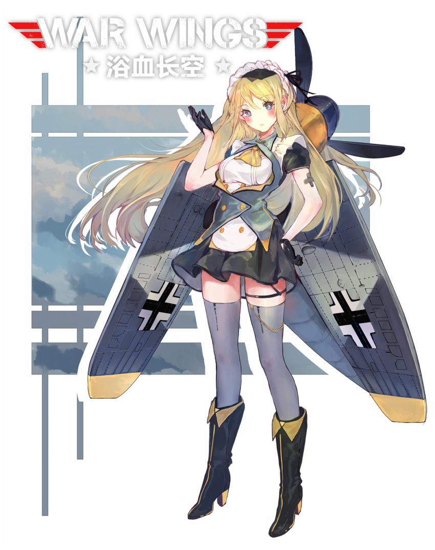 1girl airplane_wing bandaid bandaid_on_arm bf_109_(personification) black_footwear black_gloves black_skirt blonde_hair blue_eyes blush boots bou_shaku breasts buttons chinese_text closed_mouth dress drop_shadow english_text full_body garter_straps gloves grey_thighhighs hand_on_own_hip hand_up headdress high_heel_boots high_heels highres long_hair looking_at_viewer mecha_musume original propeller short_sleeves skirt small_breasts standing star_(symbol) thigh-highs white_background white_dress