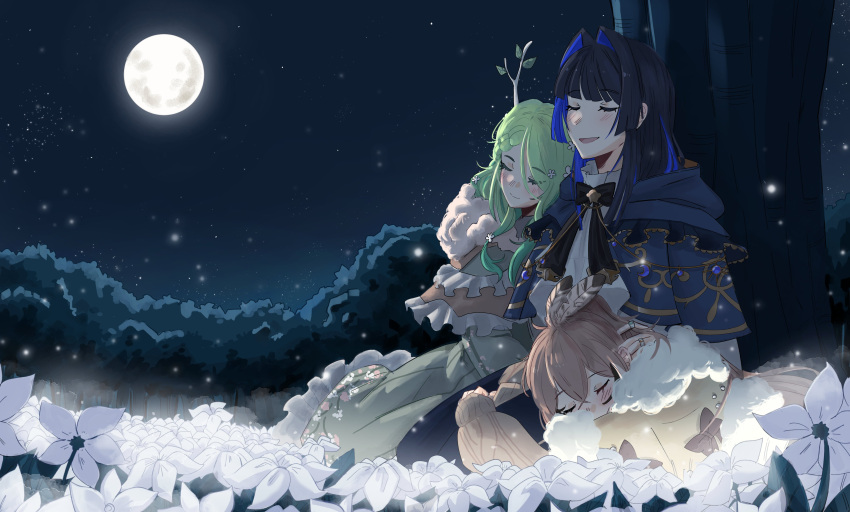 3girls absurdres against_tree antlers blue_hair blush ceres_fauna ceres_fauna_(jirai_kei) closed_eyes commission dress english_commentary feather_hair_ornament feathers field flower flower_field full_moon green_hair hair_between_eyes hair_flower hair_intakes hair_ornament highres hololive hololive_english horns kneeling lap_pillow leaning_on_person light_brown_hair light_particles long_hair lying_on_person moon multiple_girls nanashi_mumei nanashi_mumei_(casual) night night_sky ouro_kronii ouro_kronii_(casual) outdoors sky sleeping smile tree virtual_youtuber white_flower yorobisan yuri