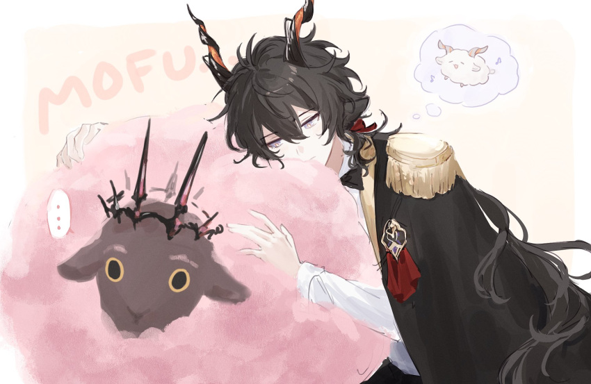 ... 1boy animal_ears animal_hug animalization arknights black_cape black_hair border cape commentary dolly_(arknights) ebenholz_(arknights) epaulettes frown goat_boy goat_ears goat_horns half-closed_eyes highres horns hug kreide_(arknights) long_hair male_focus musical_note rei_(926qz) sheep shirt simple_background spoken_ellipsis thought_bubble upper_body violet_eyes white_background white_shirt yellow_background
