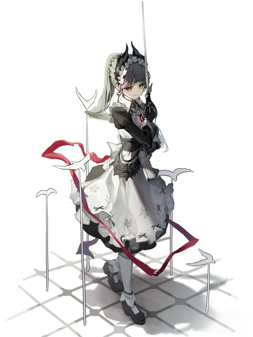 1girl absurdres ankle_scrunchie apron arknights bird black_dress black_footwear black_gloves closed_mouth dress dual_wielding earrings full_body gloves glowing_necklace grey_eyes grey_hair gun head_wings highres holding holding_gun holding_sword holding_weapon iasimo irene_(arknights) irene_(voyage_of_feathers)_(arknights) jewelry long_hair long_sleeves looking_at_viewer maid maid_headdress mary_janes necklace official_alternate_costume pantyhose ponytail rapier scrunchie shoes simple_background smile solo sword walking weapon white_apron white_background white_pantyhose wings
